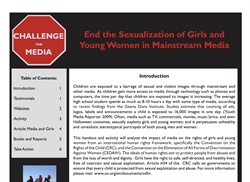 [ai] A flyer titled "Challenge the Media" addressing the sexualization of girls and young women in mainstream media. It contains sections on an introduction, testimonials, websites, activities, articles, and calls to action, with visual elements including a stop sign graphic.